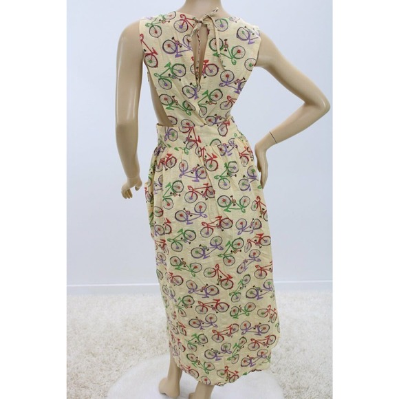 Long Bib Apron Bicycles on Yellow seersucker fabric Wrap style Pinafore M L - Picture 5 of 9